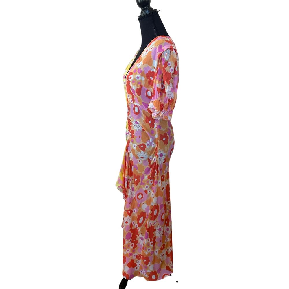 Rixo Whimsical Floral Colorblock Maxi Dress SMALL Ruched Orange Party Fun $420 - Picture 14 of 16